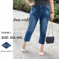 Jeans world: E86MJ [2XL-6XL] กางเกงยีนส์ เอวสูง ทรงบอย ขากระบอกเล็ก สีฟอก ผ้ายีนส์ไม่ยืด ไซส์ใหญ่ สาวอวบ คนอ้วน