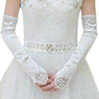 ▩✈☄ Women Fingerless Satin Long Gloves Embroidery Lace Trim Beaded Wedding Mittens