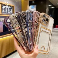 Shockproof Plating Card Holder Wallet Clear Phone Case For iPhone 14 13 11 12 Pro Max Shining Diamond Lens Protection Soft Cover