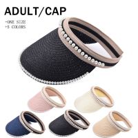 Fashion Solid Color Pearl Empty Top Hat Summer Wide Brim Beach Sun Visor Hat for Outdoor Activities Camping Running