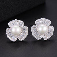 GODKI 18mm Flower Imitation Pearl Fashion Cubic Zirconia Women Engagement Party NightOut Bridal Wedding Earrings for Women