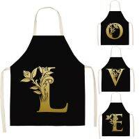 Letter Apron Black Golden Flower Kitchen Apronfor Women Cotton Linen BibHousehold Cleaning Pinafore Home Cooking