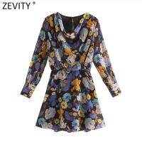 ZEVITY New Women High Street Floral Print Chiffon A Line Mini Dress Female Pile Collar Long Sleeve Retro Dresses Vestidos DS9250