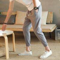 COD SDFERTREWWE M-5XL Capris Korean fashion loose casual pants small feet cotton hemp 9 point Harun pants for men