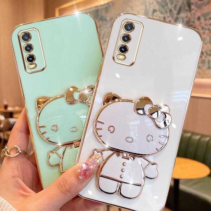 folding-makeup-mirror-phone-case-for-vivo-y20-2021-y20i-y20s-g-y12s-2021-y20a-y12a-y3s-vivo-2026-case-fashion-cartoon-cute-cat-multifunctional-bracket-plating-tpu-soft-cover-casing
