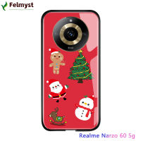 เคสคริสต์มาสกันกระแทกสำหรับ Realme 11 5G Realme Narzo 60 5G ฝาครอบป้องกันกระจกเทมเปอร์ซานตาคลอสมนุษย์หิมะต้นคริสต์มาสกวางกวางใหญ่