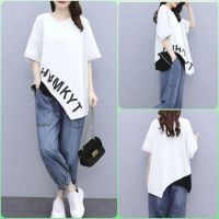 COD DSFDGDFFGHH [Hot Spot Sale] 2023 Summer New Pants Set Womens Casual Set Korean Version Loose Large Literary Short Sleeve T-shirt Slim Harlan Jeans Two Piece Set Women