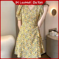 [Du Yan dress for women，Korean style V-neck loose floral mid-length A-line skirt,Du Yan dress for women，Korean style V-neck loose floral mid-length A-line skirt,]