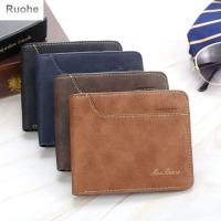 RUOHE เคสบัตรเครดิต Dompet Koin แบบย้อนยุคของขวัญหนัง PU ผู้ชายที่เก็บกระเป๋าสตางค์บัตรเครดิตสามพับสำหรับผู้ชาย Dompet Koin กระเป๋าเงินสั้น