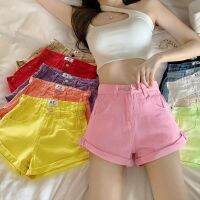 【hot】 2023Candy Color Denim Shorts Pink Waist Crimping Jeans Female colors choose