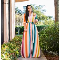 20212019 XL-5XL New Women Sexy Turn-Down Collar Half Sleeve Striped Printing Big Swing Long Dress Fashion Casual DressYF1017