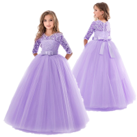 Flower Girl Wedding Banquet Lace Long Dress For Kids Elegant Puffy Lace Bow Birthday Party Dress Pageant Ball Gown Formal Dress