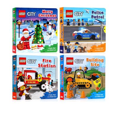 Original English L.E.G.O fire station / building site / Merry Christma / police patro 4 volumes L.E.G.O mechanism operation book paper board book childrens Enlightenment push-pull activity toy book