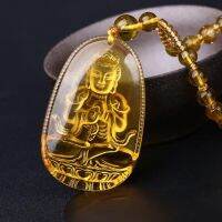 ZZOOI Buddha Guardian Gods Pendant Necklace For Women Men Carved Yellow Stone Amulet Necklaces Jewelry