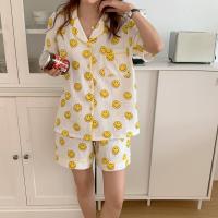 QWEEK Cotton Pijama Smiley Print Pajamas Women Korean Sleepwear Pyjamas Set 2 Piece Short Sleeve Homewear Loungewear Summer