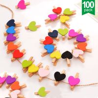 100 Pcs Mini Wooden Color Clips Heart Clothespins Clip Photo Holder for Wall Wedding Party Photography Decorations Clips Pins Tacks