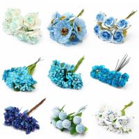 6/10/12/50/60/70/90/144Pcs Mix Blue Flower Cherry Stamen Berries Bundle DIY Christmas Wedding Cake Gift Box Wreaths Decoration