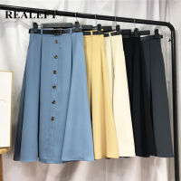 REALEFT 2021 New Umbrella Womens Skirts with Belted High Waist Vintage Single Breasted Chic Female Mi-long Skirts Spring Summer