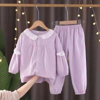 Cotton Linen Girls Home Clothes Set Lace Childrens Long Sleeve Trousers Set Spring Autumn Soft Round Neck Baby Pajamas