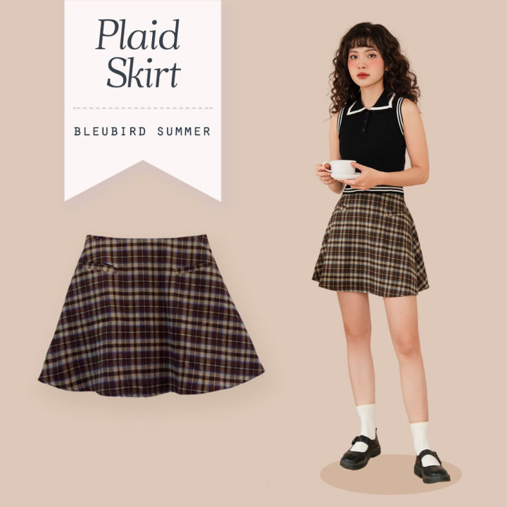 BLEUBIRD Chân váy kẻ caro dáng xòe Plaid Skirt | Lazada.vn