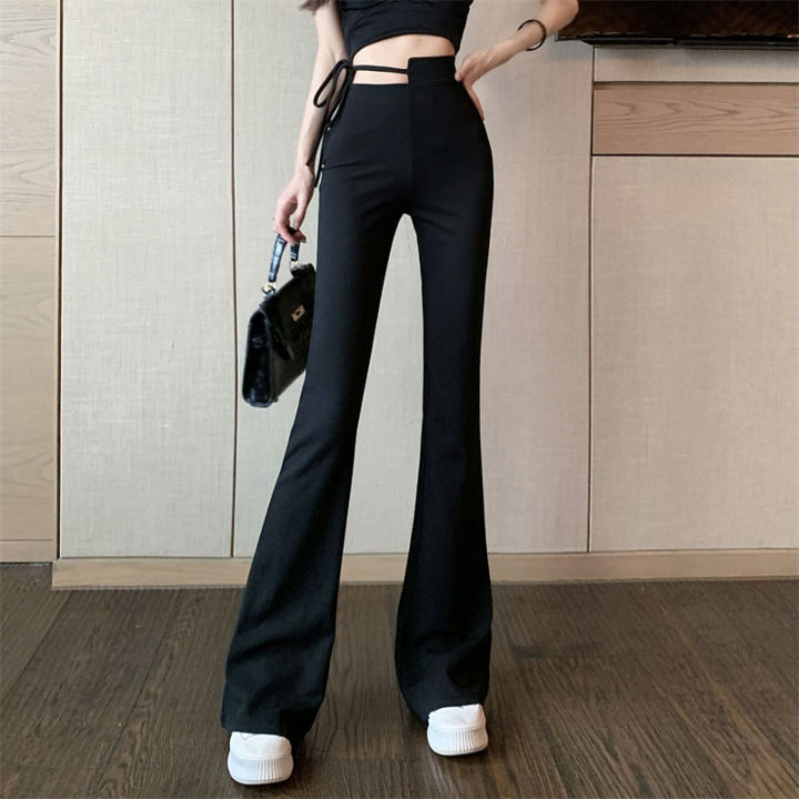กางเกงขายาว-กางเกงเอวสูงขากระบอก-แฟชั่นสไตล์เกาหลี-กางเกงไมโครแฟลร์เอวสูง-กางเกงขายาว
