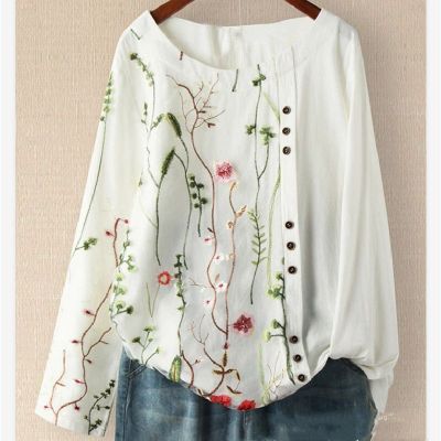 [Spot] Spring Autumn blouse womens loose cotton linen round-neck top large size long sleeve linen shirt 2023