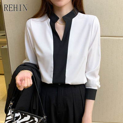 REHIN ผู้หญิงเสื้อชีฟองด้านบน V คอ Collision Design เสื้อแขนยาว OL Commuter Elegant เสื้อ