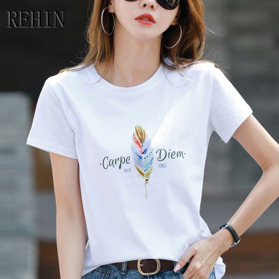 REHIN เสื้อยืดแขนสั้นสำหรับผู้หญิง,เสื้อยืดแขนสั้นทรงหลวมลำลองพิมพ์ลายผ้าใยไผ่แฟชั่นสไตล์เกาหลีแบบใหม่ฤดูร้อน