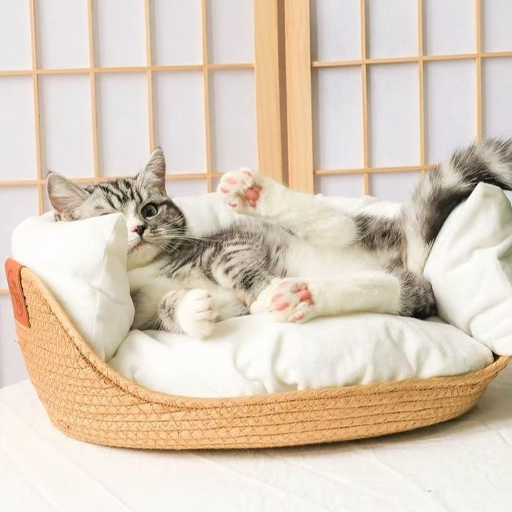 pp-ตะกร้าแมวนอน-ตระกร้าที่นอนสุดสบาย-บ้านแมว-ที่นอนสัตว์เลี้ยง-ที่นอนแมว-ที่นอนหมา-ตะกร้าหวายนอน