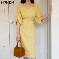 VONDA ชุดสีทึบพองครึ่งแขนผู้หญิง3สีชุดเดรสเอว Midi (ลำลองเกาหลี)