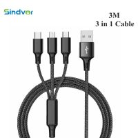 สายชาร์จซินดอร์3อิน1 USB ชนิด C ที่ชาร์จไฟแบบ3อิน1 USB สายมัลติพอร์ท3M สายไมโครสำหรับ8พิน Samsung Galaxy Xiaomi Huawei