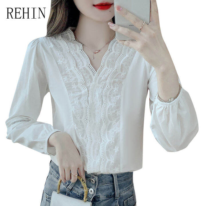 rehin-ของผู้หญิงด้านบนลูกไม้คอคอวีเสื้อแขนยาวฤดูใบไม้ร่วงแฟชั่นหลวมผอมน้ำเสื้อสง่างาม