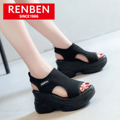 RENBEN รองเท้าแตะผู้หญิงส้นหนาเข้าได้กับทุกชุดรองเท้าผู้หญิงเพิ่มความสูงด้านในรองเท้าโรมันผู้หญิง