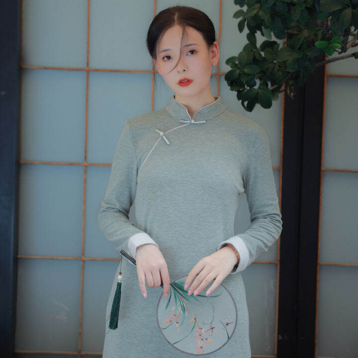 qing-shuzhai-retro-และ-elegant-ปรับปรุงชุด-cheongsam-2022ใหม่สไตล์จีนกระโปรงยาวสีทึบ