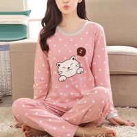 Casual Women Cartoon Animal Print O Neck Top Long Pants Pajamas Sleepwear Set Homewear