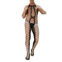 ผู้ชายเซ็กซี่ Fishnet Jumpsuit เปิด Crotch Pantyhose Backless Party Clubwear Full Body ถุงน่อง Sissy ดูผ่านเร้าอารมณ์ Bodysuit