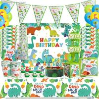 ☞๑∋ Cartoon Dinosaur Birthday Party Kids Favors Jungle Dinosaur Stickers Balloon Boys Birthday Party Cup Plate Baby Shower Supplies