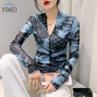 YIMEI เสื้อตาข่ายคอวีคอวีของผู้หญิง,เสื้อท่อนล่างพิมพ์ลายเสื้อเข้ารูปและสวยงามสำหรับผู้หญิง