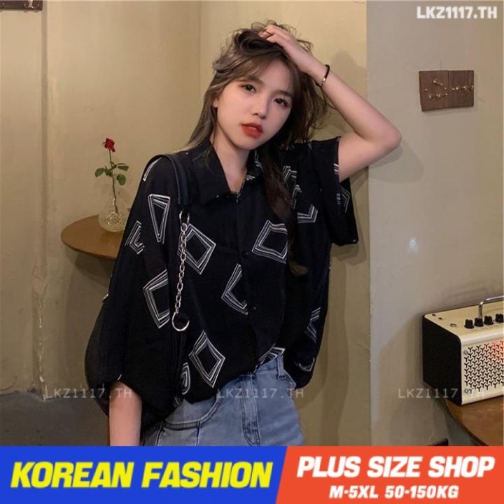 plus-size-เสื้อผ้าสาวอวบ-เสื้อสาวอวบอ้วน-ไซส์ใหญ่-ผู้หญิง-ทรงหลวม-แขนสั้น-คอปก-ย้อนยุค-ฤดูร้อน-สไตล์เกาหลีแฟชั่น