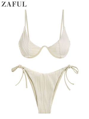 【JH】 Women  39;s Ribbed Tie Side Swimwear Underwire Push Up Low Waisted Piece Monowire Swimsuit Beachwear Bathing