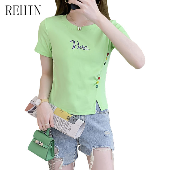 rehin-เสื้อยืดแขนสั้นผู้หญิง-เสื้อยืดแขนสั้นเข้ารูปพอดีเวอร์ชันเกาหลีฤดูร้อนใหม่2023พิมพ์ลายเสื้อติดกระดุมหลากสี