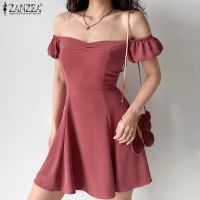 ▽▼ ZANZEA Women Off-the-shoulder Puff Sleeve Back Zipper Slim Mini Dress