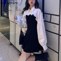 Hikigawa Women Clothing Sets Lantern Sleeve Short Loose Shirts with Black Solid 2022 Korean Fashion Womens Dress Two Piece Suit