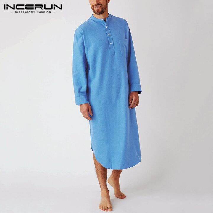 incerun-ชุดคลุมนอนผ้าฝ้ายผู้ชาย-ชุดคลุมนอนคอกลมเสื้อคลุมแขนยาวสีทึบ-comfort-เสื้อคลุมอาบน้ำสำหรับบุรุษใส่อยู่บ้าน2023ขนาดพิเศษ