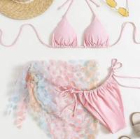 Bikini SET 3 ชิ้น (สีชมพูหวาน) ผ้าคลุมบิกินี่ดอกไม้ พร้อมส่งในไทย