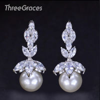 ThreeGraces Elegant Bridal Jewelry White Gold Color Marquise Shape Clear Cubic Zirconia Drop Pearl Earrings For Wedding ER136