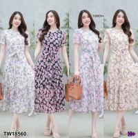 TT18560 เดรสชีฟอง ลายดอกไม้ ผูกเอว .Chiffon dress, floral pattern, tied at the waist..