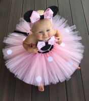 Lovely Girls Pink Cartoon Tutu Dress Baby Mickey Minnie Crochet Tulle Tutus with Dots Bow and Headband Kids Birthday Party Dress  by Hs2023