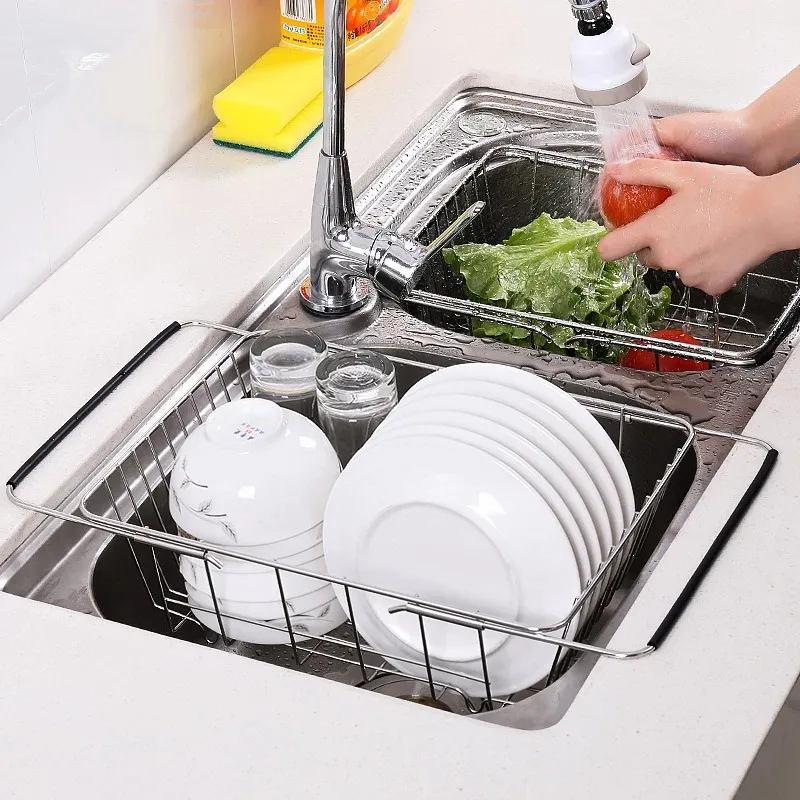 Adjustable Dish Drainer Stainless Steel Sink Drain Dish Rack Fruit