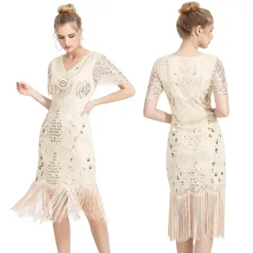 1920s V Neck Sequins Beads Fringe Dress - Great Gatsby Flapper